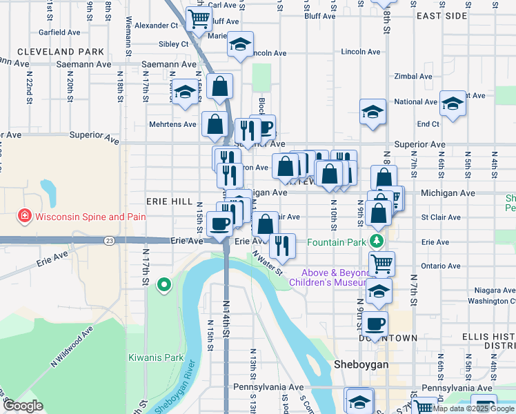 map of restaurants, bars, coffee shops, grocery stores, and more near 1214 North 13th Street in Sheboygan