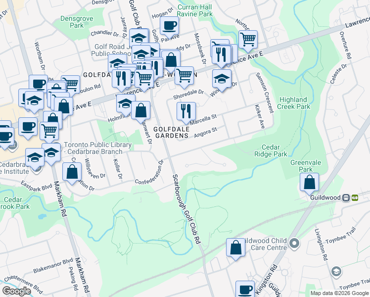map of restaurants, bars, coffee shops, grocery stores, and more near 182 Confederation Drive in Toronto