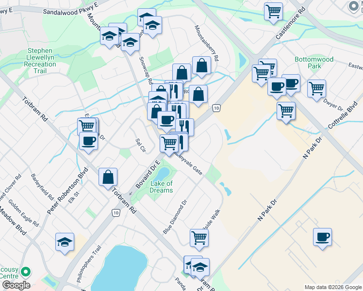 map of restaurants, bars, coffee shops, grocery stores, and more near 14 Pennyroyal Crescent in Brampton