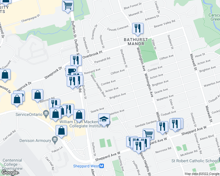 map of restaurants, bars, coffee shops, grocery stores, and more near 242 Acton Avenue in Toronto