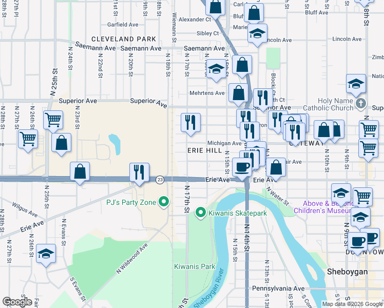 map of restaurants, bars, coffee shops, grocery stores, and more near 1213 N 17th St in Sheboygan