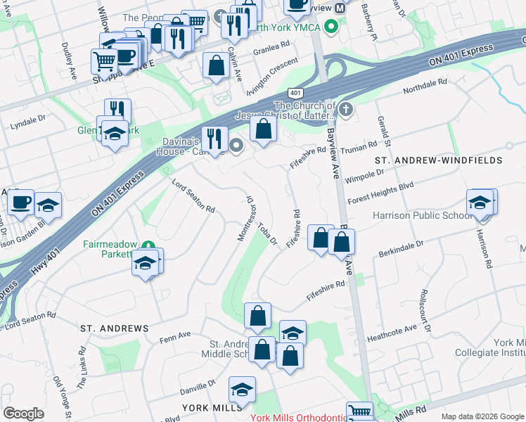 map of restaurants, bars, coffee shops, grocery stores, and more near 3 Legacy Court in Toronto