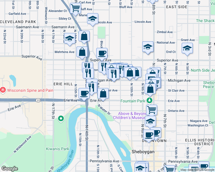 map of restaurants, bars, coffee shops, grocery stores, and more near 1216 North 12th Street in Sheboygan