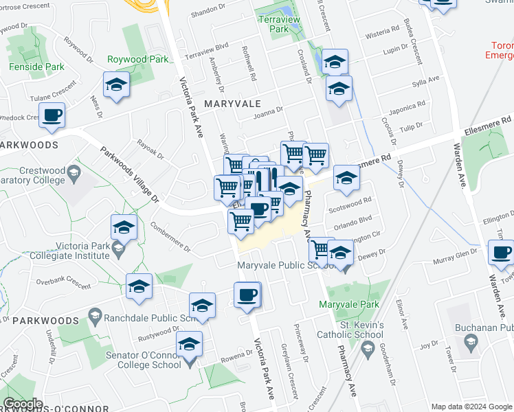 map of restaurants, bars, coffee shops, grocery stores, and more near 67 Ellesmere Road in Toronto