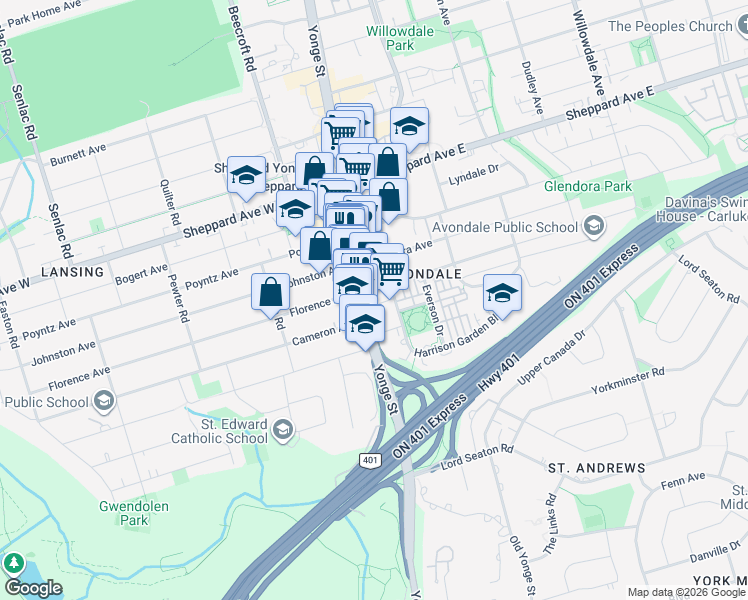 map of restaurants, bars, coffee shops, grocery stores, and more near 1 Avondale Avenue in Toronto