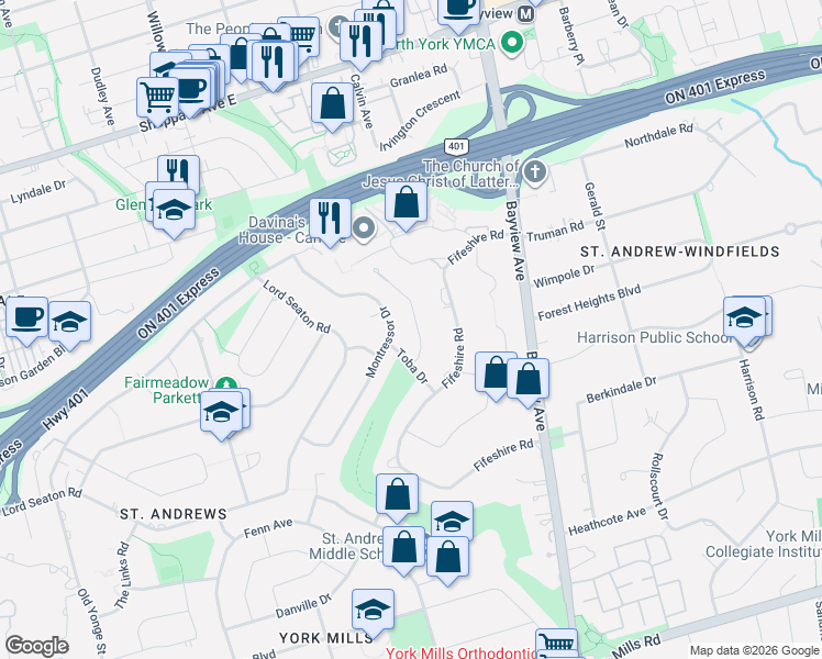 map of restaurants, bars, coffee shops, grocery stores, and more near 3 Legacy Court in Toronto