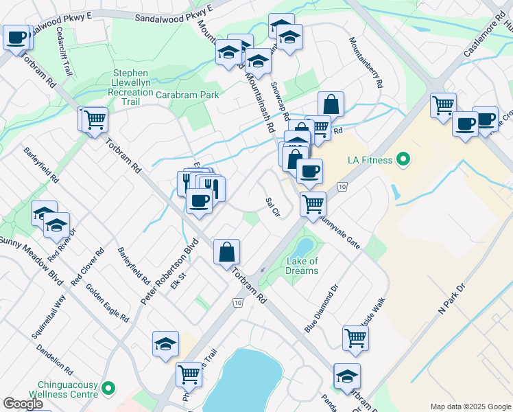 map of restaurants, bars, coffee shops, grocery stores, and more near 20 Red Stag Road in Brampton