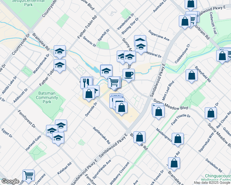 map of restaurants, bars, coffee shops, grocery stores, and more near 10615 Bramalea Road in Brampton