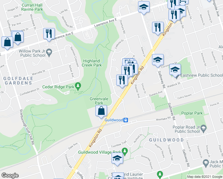 map of restaurants, bars, coffee shops, grocery stores, and more near 38 Celeste Drive in Toronto