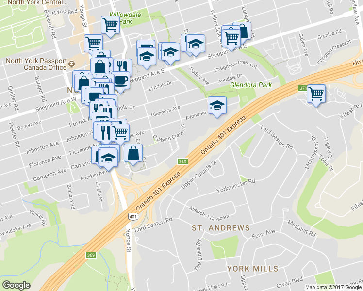 map of restaurants, bars, coffee shops, grocery stores, and more near 120 Harrison Garden Boulevard in Toronto