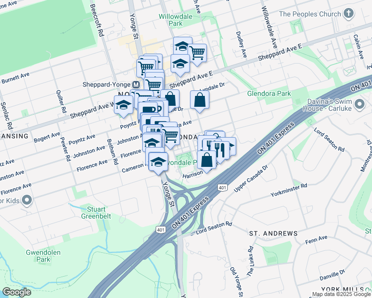 map of restaurants, bars, coffee shops, grocery stores, and more near 607 Everson Drive in Toronto