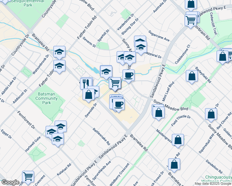 map of restaurants, bars, coffee shops, grocery stores, and more near 10615 Bramalea Road in Brampton