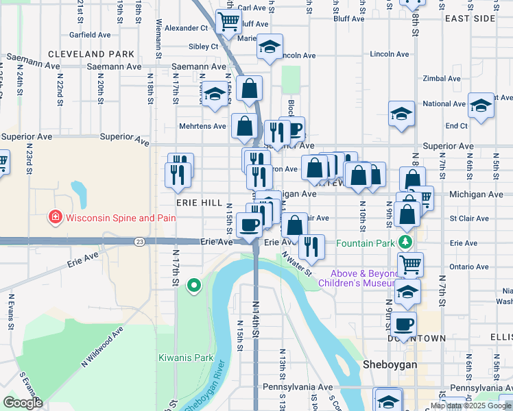 map of restaurants, bars, coffee shops, grocery stores, and more near 1222 North 14th Street in Sheboygan