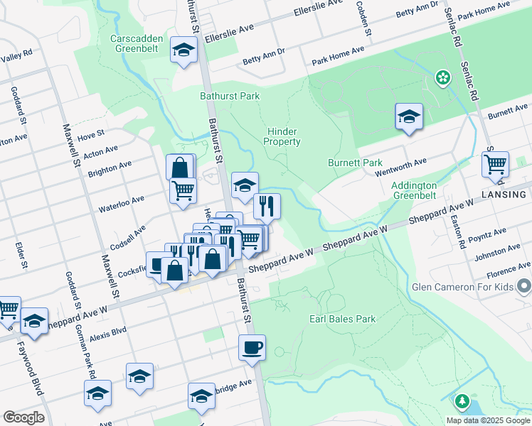 map of restaurants, bars, coffee shops, grocery stores, and more near 35 Canyon Avenue in Toronto