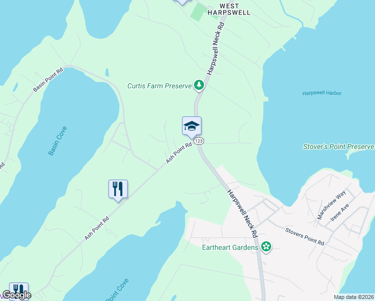 map of restaurants, bars, coffee shops, grocery stores, and more near 9 Ash Point Road in Harpswell