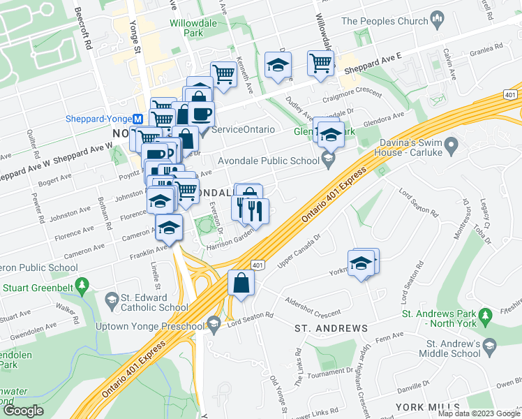map of restaurants, bars, coffee shops, grocery stores, and more near 105 Harrison Garden Boulevard in Toronto