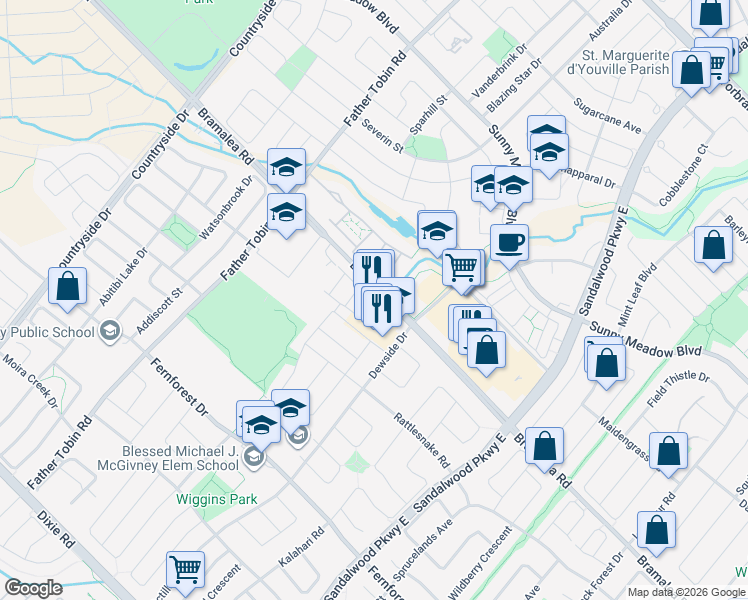 map of restaurants, bars, coffee shops, grocery stores, and more near 10794 Bramalea Road in Brampton
