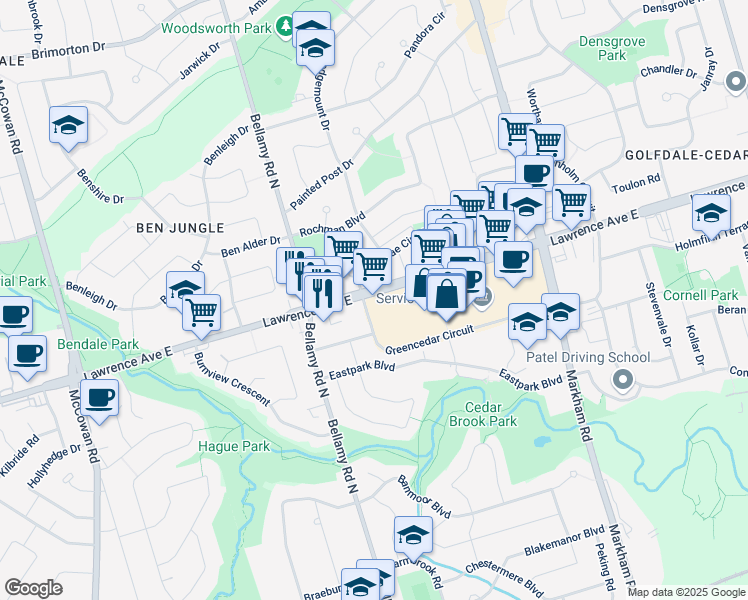 map of restaurants, bars, coffee shops, grocery stores, and more near 3441 Lawrence Avenue East in Toronto