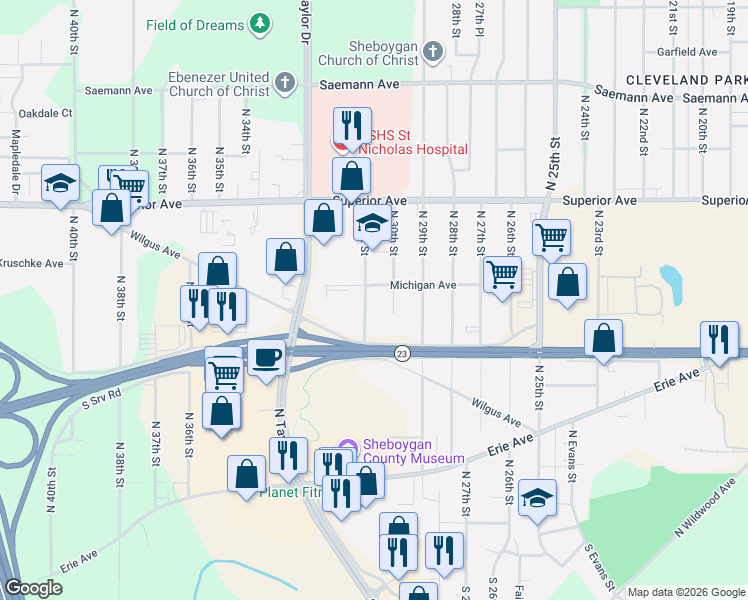 map of restaurants, bars, coffee shops, grocery stores, and more near 1217 N 31st St in Sheboygan