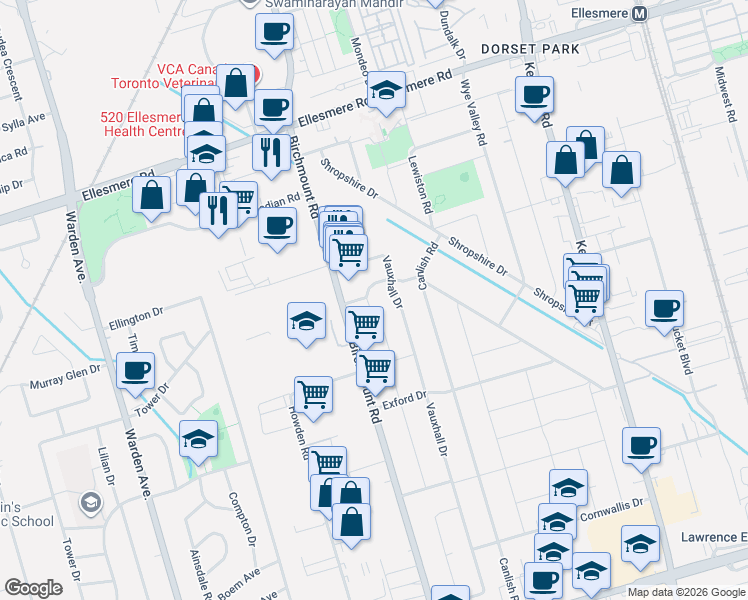 map of restaurants, bars, coffee shops, grocery stores, and more near 115 Bergen Road in Toronto