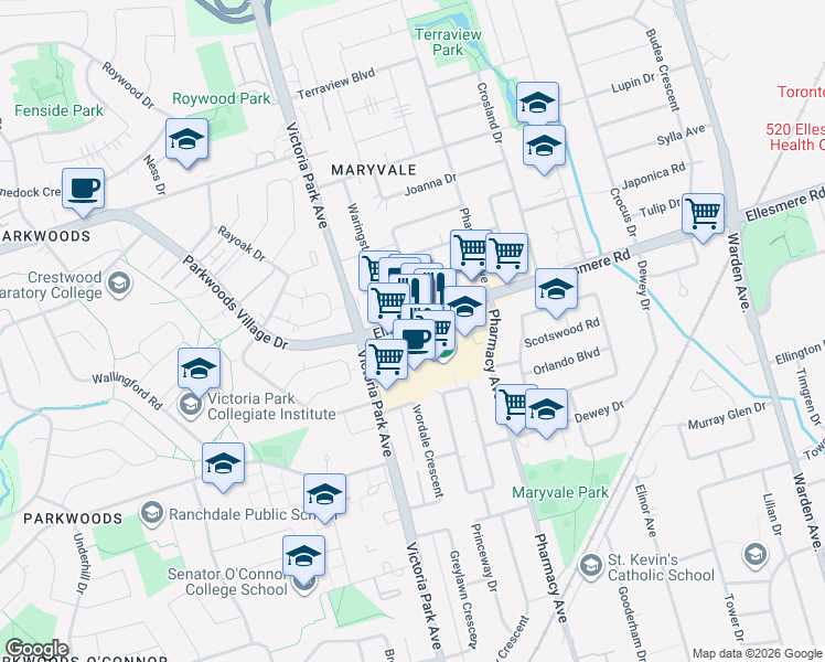 map of restaurants, bars, coffee shops, grocery stores, and more near 85 Ellesmere Road in Toronto