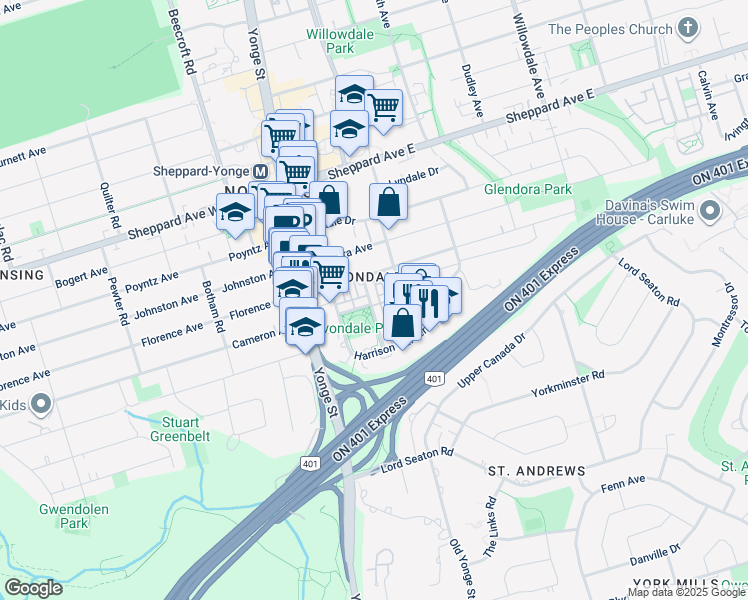 map of restaurants, bars, coffee shops, grocery stores, and more near 607 Everson Drive in Toronto