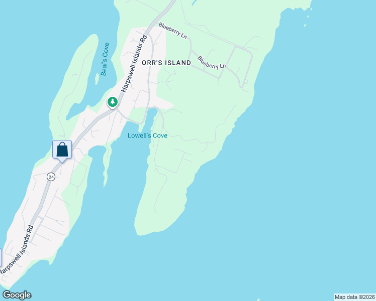 map of restaurants, bars, coffee shops, grocery stores, and more near 54 Back Shore Lane in Harpswell