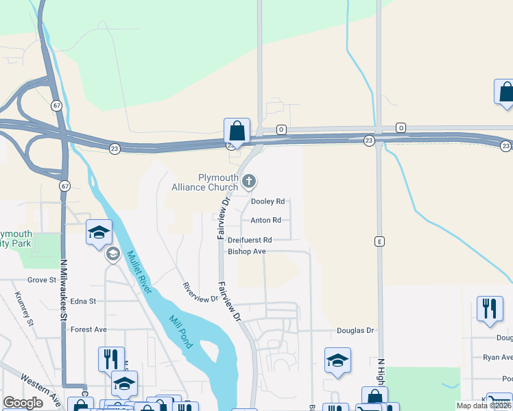 map of restaurants, bars, coffee shops, grocery stores, and more near 927 Dooley Road in Plymouth