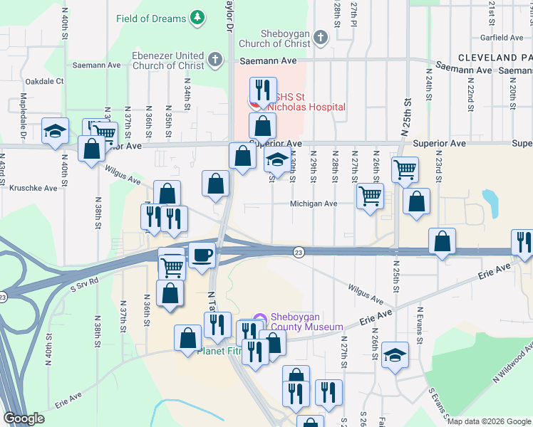 map of restaurants, bars, coffee shops, grocery stores, and more near 1217 North 31st Street in Sheboygan