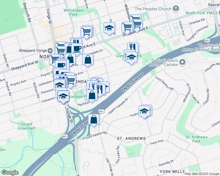 map of restaurants, bars, coffee shops, grocery stores, and more near 120 Harrison Garden Boulevard in Toronto
