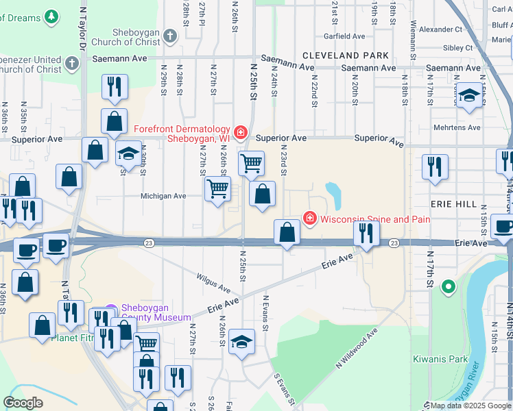 map of restaurants, bars, coffee shops, grocery stores, and more near 1257 North 25th Street in Sheboygan
