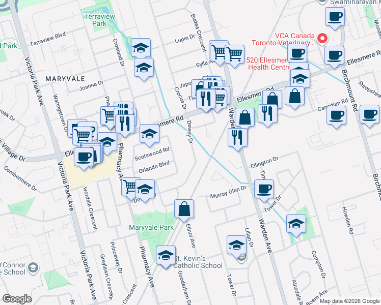 map of restaurants, bars, coffee shops, grocery stores, and more near 94 Dewey Drive in Toronto