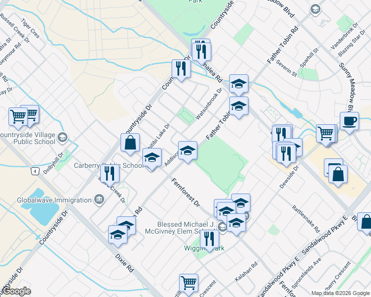 map of restaurants, bars, coffee shops, grocery stores, and more near 31 Addiscott Street in Brampton
