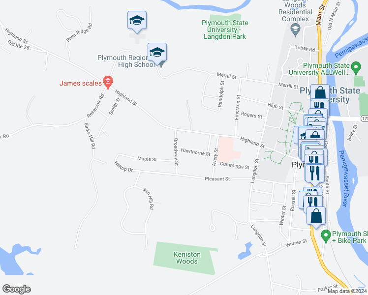 map of restaurants, bars, coffee shops, grocery stores, and more near 12 Hawthorne Street in Plymouth