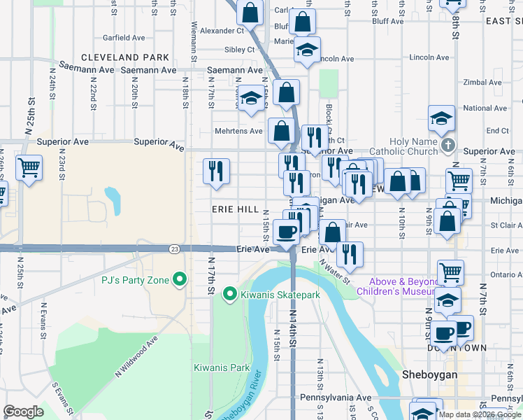 map of restaurants, bars, coffee shops, grocery stores, and more near 1219 North 15th Street in Sheboygan