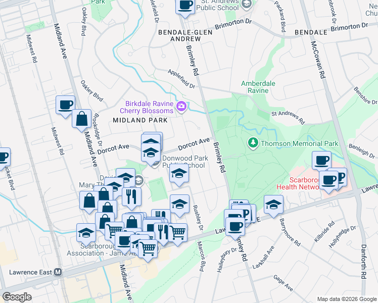 map of restaurants, bars, coffee shops, grocery stores, and more near 36 Lyon Heights Road in Toronto