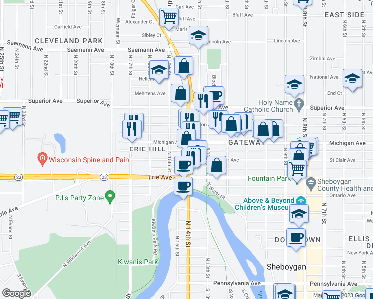 map of restaurants, bars, coffee shops, grocery stores, and more near 1222 North 14th Street in Sheboygan