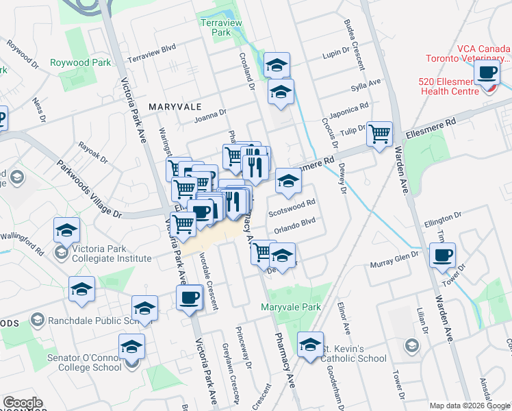 map of restaurants, bars, coffee shops, grocery stores, and more near 1373 Pharmacy Avenue in Toronto