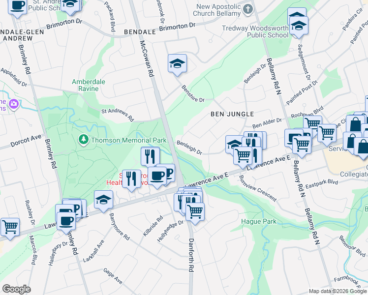 map of restaurants, bars, coffee shops, grocery stores, and more near 9 Benleigh Drive in Toronto