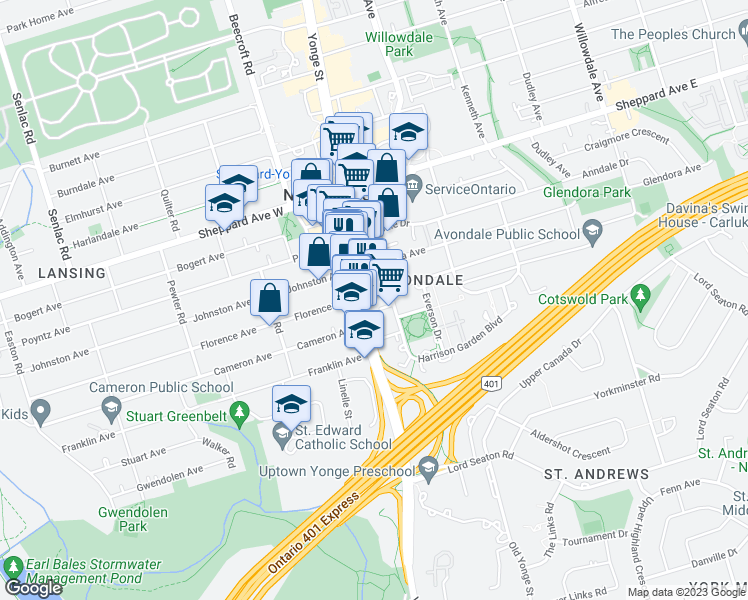 map of restaurants, bars, coffee shops, grocery stores, and more near in Toronto