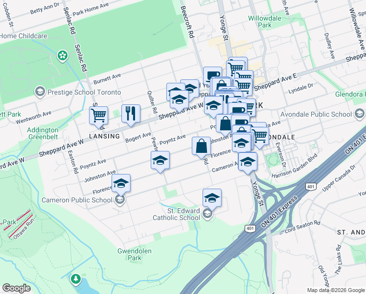 map of restaurants, bars, coffee shops, grocery stores, and more near in Toronto