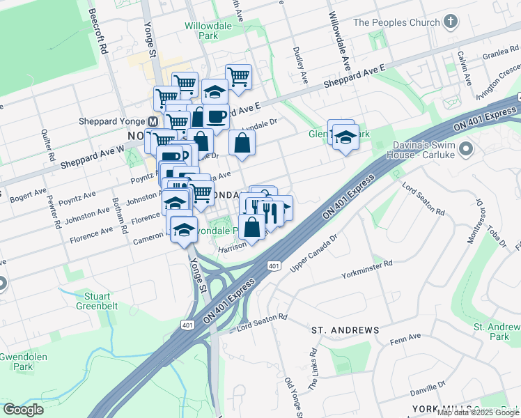 map of restaurants, bars, coffee shops, grocery stores, and more near 5 Oakburn Crescent in Toronto