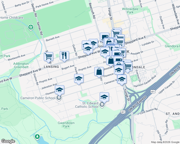 map of restaurants, bars, coffee shops, grocery stores, and more near 106 Johnston Avenue in Toronto