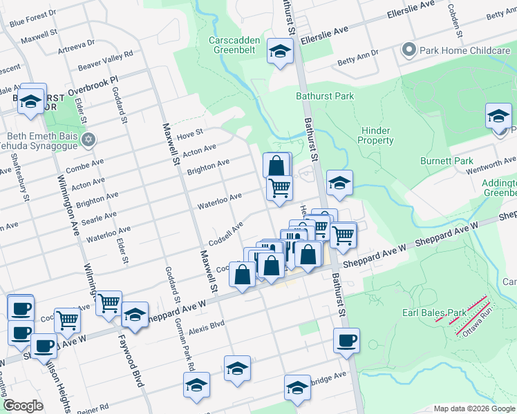 map of restaurants, bars, coffee shops, grocery stores, and more near 54 Codsell Avenue in Toronto