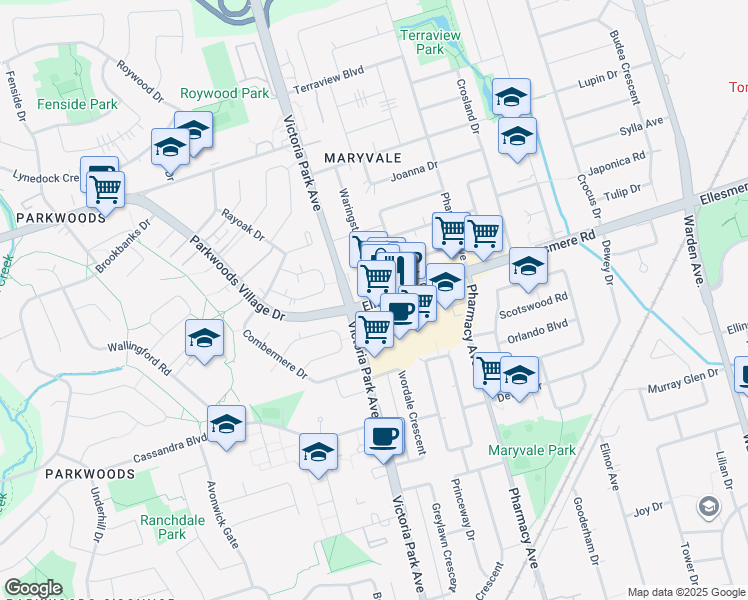 map of restaurants, bars, coffee shops, grocery stores, and more near 36 Ellesmere Road in Toronto