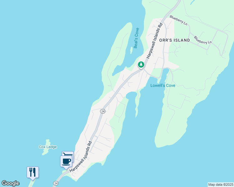 map of restaurants, bars, coffee shops, grocery stores, and more near 1761 Harpswell Island Road in Harpswell