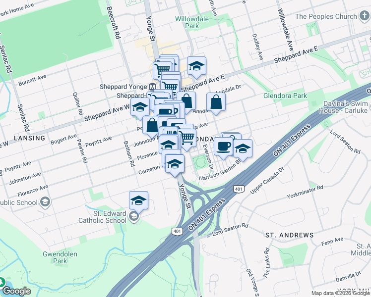 map of restaurants, bars, coffee shops, grocery stores, and more near 19 Avondale Avenue in Toronto