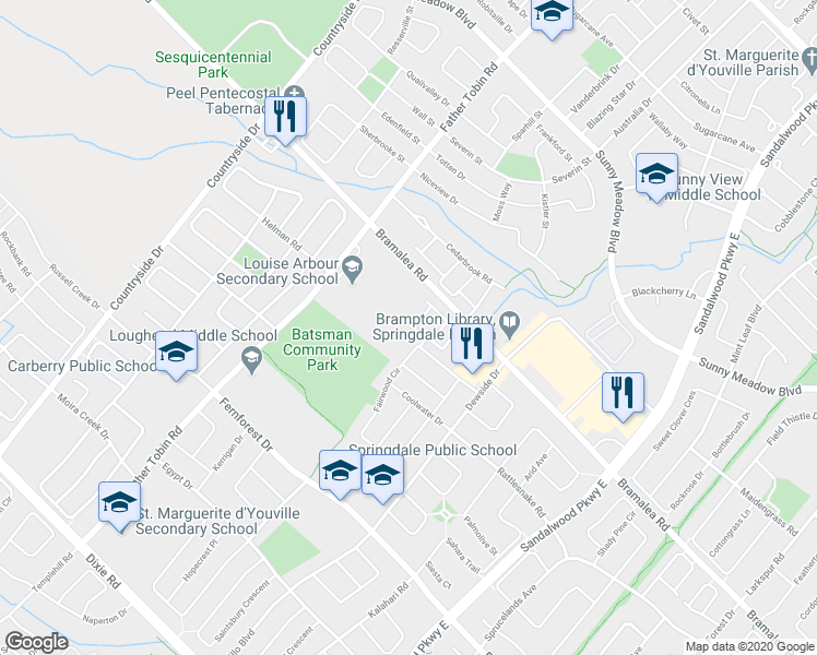 map of restaurants, bars, coffee shops, grocery stores, and more near 60 Fairwood Circle in Brampton