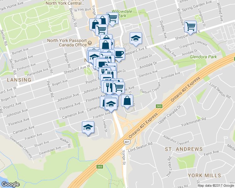 map of restaurants, bars, coffee shops, grocery stores, and more near in Toronto
