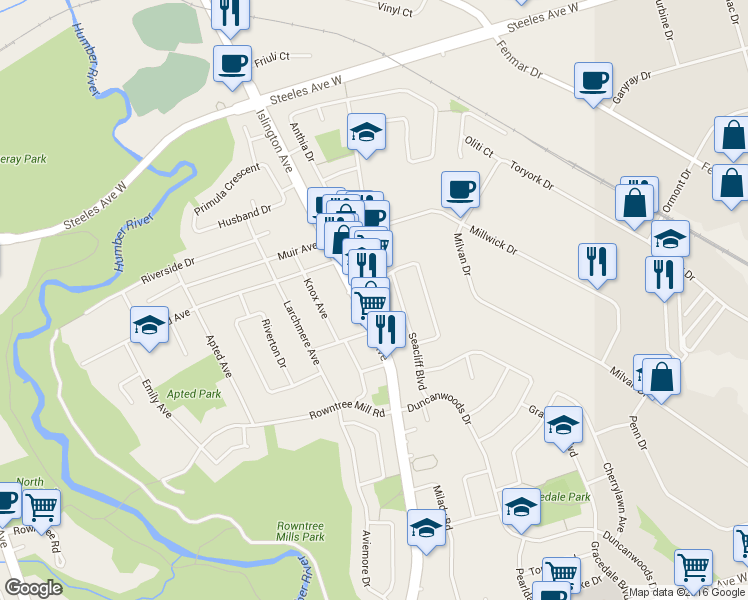 map of restaurants, bars, coffee shops, grocery stores, and more near 2965 Islington Avenue in Toronto